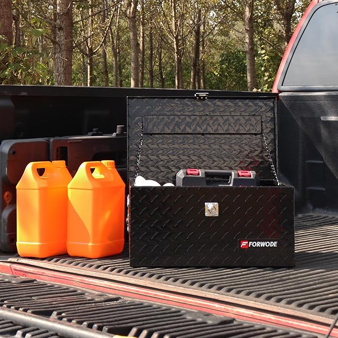 FORWODE 20&48 Inch Aluminum Truck Tool Box Lockable Truck Bed Tool Box Waterproof Truck Bed Storage Box with Gas Struts Side Handle Truck Tool Chest for Pickup, Truck Bed, RV, Trailer&Garage (Black)