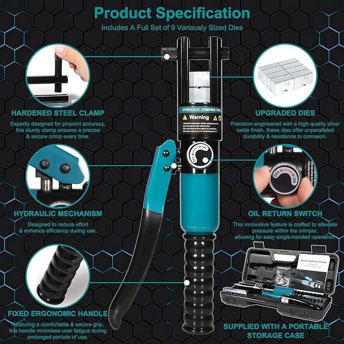10 Tons Hydraulic Crimping Tool and Cable Cutter, Hydraulic Crimper, Battery Cable Crimper Tool for 12 AWG to 2/0 AWG Battery Terminals, with 9 Dies