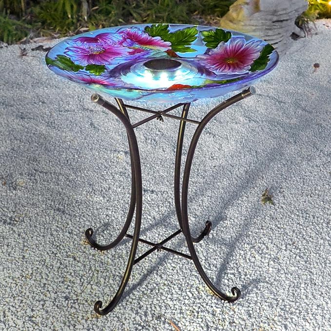 VCUTEKA Solar Birdbath Glass Bird Bath Outdoor with Metal Stand for Lawn Yard Garden Decor, Hummingbird