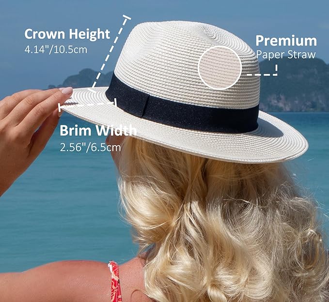 Joywant Womens Straw Fedora Beach Sun Hat, Packable Wide Brim Panama Hat for Women UV UPF50+ Summer Hat