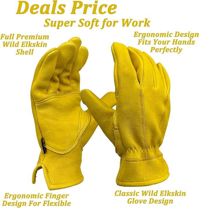 SKYDEER Full Premium Wild Elkskin Leather Work Gloves for Men, Durable for Heavy-Duty Labor, Construction, and Garden SD8826