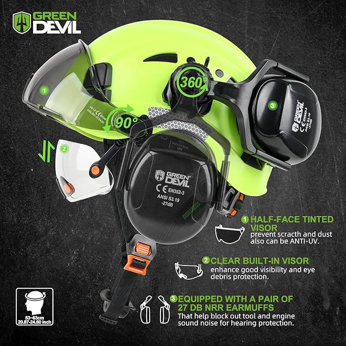 GREEN DEVIL Hard Hat Safety Helmet with Visor and Ear Muffs Men Women Vented Work Hardhat ANSI Z89.1 Cascos De Construccion for Industrial Construction Forestry
