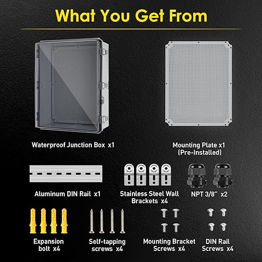 Waterproof Electrical Junction Box Outdoor, IP67 ABS Plastic Weatherproof Electrical Enclosure with Aluminum DIN Rail, Mounting Platem for WiFi Project, Clear (20.1''×16.1''×7.9'')