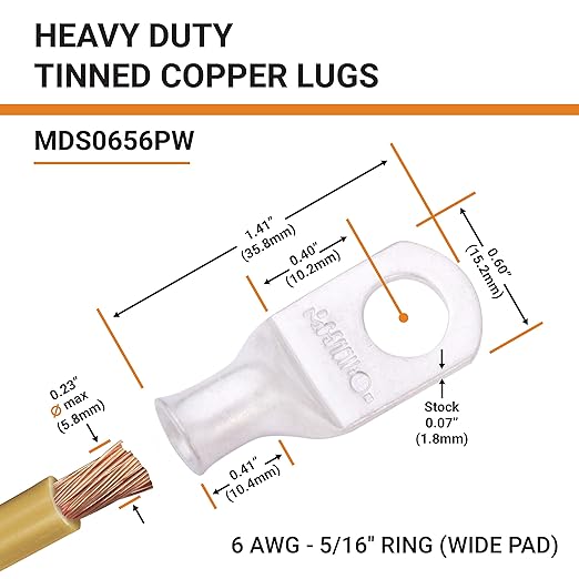 SELTERM 2pcs 6 AWG 5/16" Stud (Wide Pad) Tinned Copper Wire Lugs, Battery Lugs, Ring Terminals, Battery Cable Ends, 6 Gauge Ring Terminal Connectors, UL Marine Grade Battery Terminal Connectors