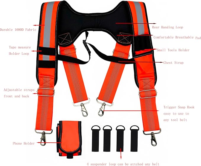 Tool Belt Suspender for Men 4 Point Padded with Attachment Loops, WristBand Pouch Pocket for Construction Worker