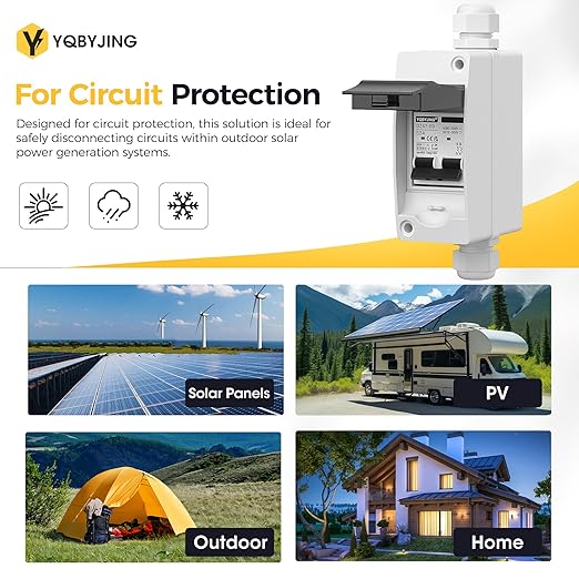 DC Solar Panel Disconnect Switch 63 Amp AC Miniature Circuit Breaker Box 500V 2 Poles with IP65 Waterproof UV-Proof Box for Outdoor Solar PV Homes Battery