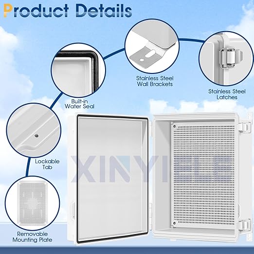 Waterproof Outdoor Project ABS Plastic Junction Box IP67 Weatherproof Dustproof Enclosure with Hinged Cover, Mounting Plate,Wall Brackets for Power Project (15.7"x11.8"x7.1")