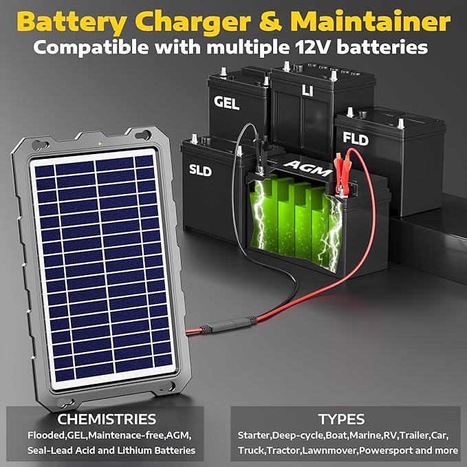 SUNAPEX 12V Solar Battery Charge: 8W Waterproof Portable Solar Panel Kit - Battery Maintainer Trickle Charger - with Upgrade Built in Charge Controller for Car Boat RV Trailer Automotive Motorcycle