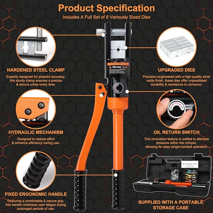 16 Ton Hydraulic Crimping Tool, Professional Battery Cable Crimper with 13 Die Sets, 9AWG to 600MCM Cable Crimping Tool (Triple-Stroke Fast Hydraulic Crimper)