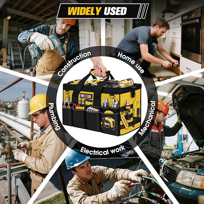 16-Inch Heavy Duty Tool Bag, 19-Pockets Tool Box Organizer, Portable Toolbag W/Soft Handle for Organized Storage, Mechanic Gifts for Men Dad Husband Fathers Day, Wide Mouth Electrician Toolbox, Yellow