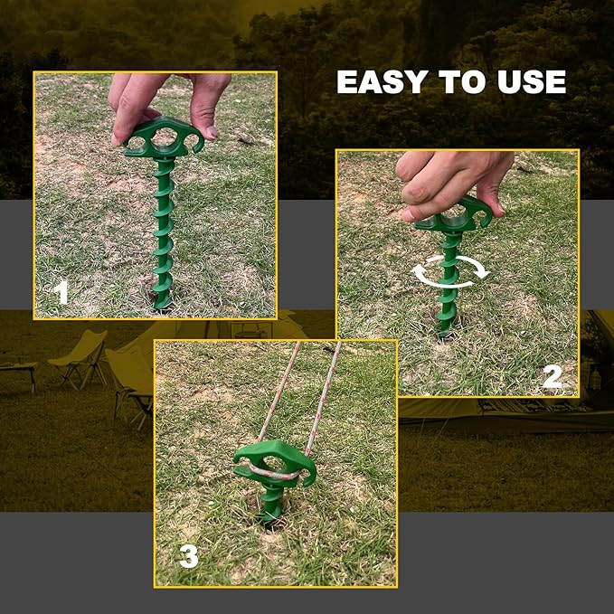 Tent Stakes Ground Anchors Screw in, 16 Pack Sand Stakes for Beach 9.4 Inch Heavy Duty Spiral Tent Pegs for Camping, Party, Hiking, Outdoor Decoration (16, Green)