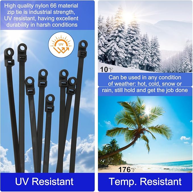 120 PCS 7.5 Inch Plastic Zip Ties with Screw Holes, Heavy Duty Mountable Cable Ties, UV Resistant Electrical Zip Ties for Indoor & Outdoor (Black)