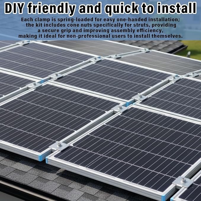 Silkfly 10 Pcs Solar Panel Mid Clamps for 1-5/8 Inch Steel Strut Channel, Solar Panel Kit with Clamps and Cone Nuts for Mounting Panels