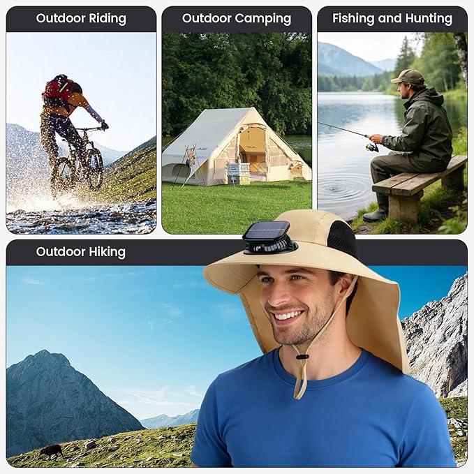 Solar Fan Hat Wide Brim Hat with Fan Sunscreene Neck Flap 3-Speed Outdoor Sun Hat for Fishing,Hiking,USB Solar Charging