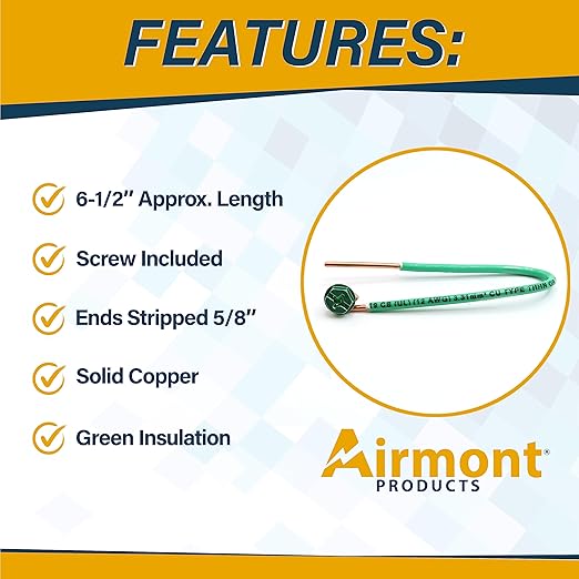 (Pack of 10) 12 AWG Solid Copper Ground Wire with Green Ground Screws – 6.5" Edge-Stripped Grounding Wire, 5/8" Strip, 10-32 x 3/8" Captive Green Screws for Electrical Boxes
