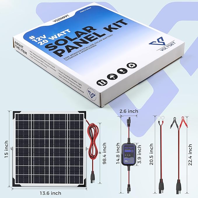 Voltset Solar Panel Kit 20W 12V with MPPT Controller, Solar Battery Trickle Charger Maintainer, Waterproof Solar Panel with Adjustable Mount Bracket for Boat RV Motorcycle Marine