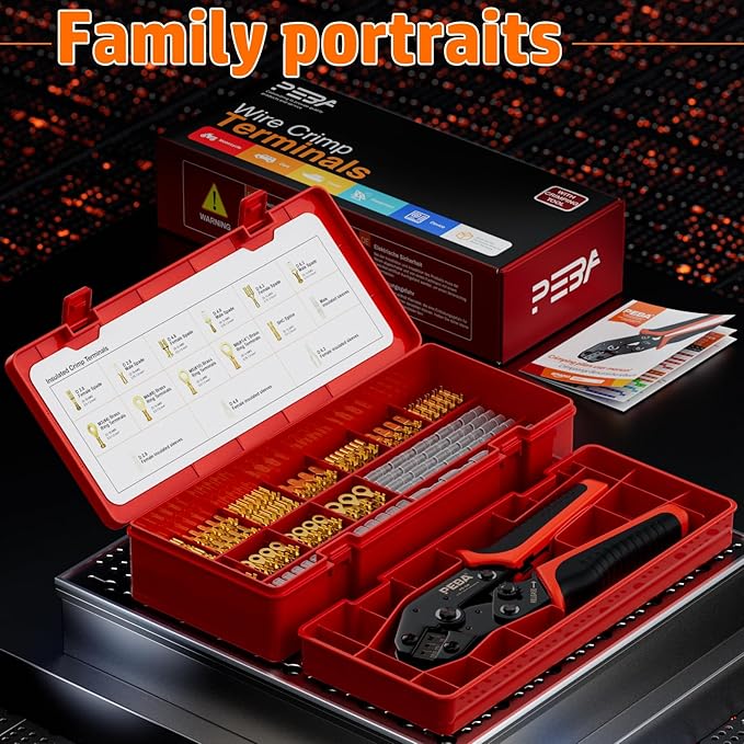 PEBA Open Barrel Crimping Tool Kit - 10 Sizes Quick Splice Male and Female Wire Spade Connectors with Ratcheting Crimper AWG 24-14, Ring Terminals for Electrical Wiring Car Audio Speaker Connectors