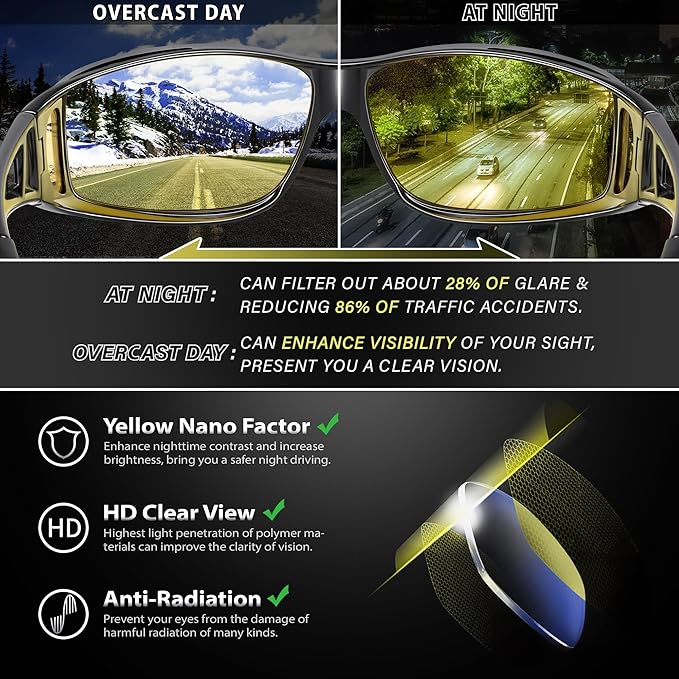 URUMQI Night Vision Driving Glasses Fit Over Eyeglasses for Men Women, Anti Glare Polarized Nighttime Glasses Yellow Lens