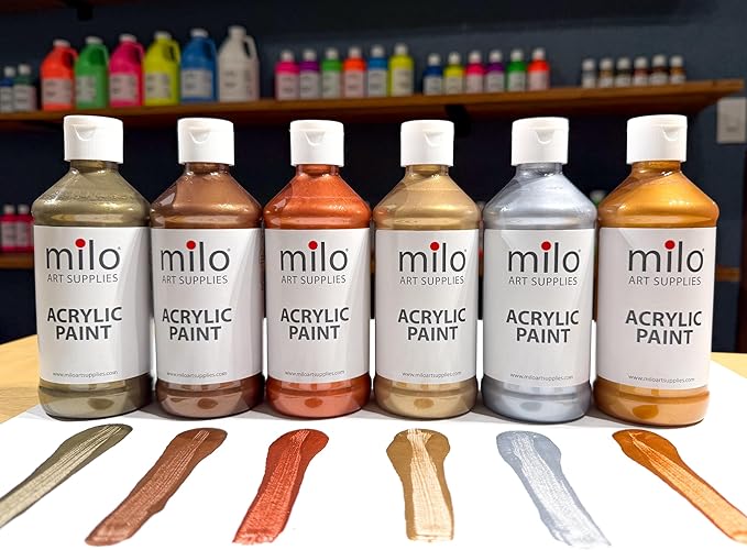 milo Metallic Acrylic Paint Set of 6 Colors | 4 oz Bottles | Student Metallic Colors Acrylics Painting Pack | Made in the USA | Non-Toxic Arts & Crafts Paints for Artists & Hobby Painters