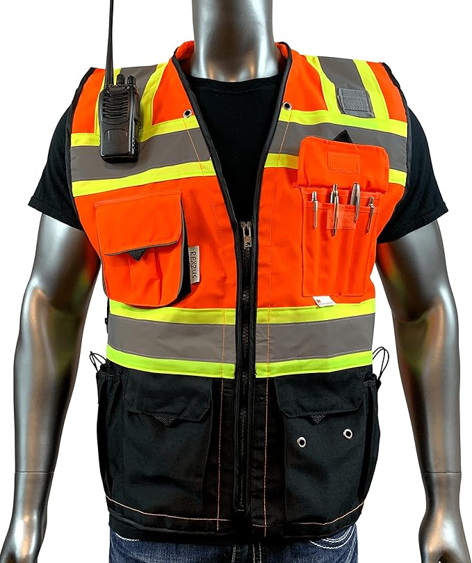 (C Vest For Mens Black Series Safety Vest With Zipper and Utility Pockets Premium Black Series Surveyors Vest (Medium, Orange/Black)
