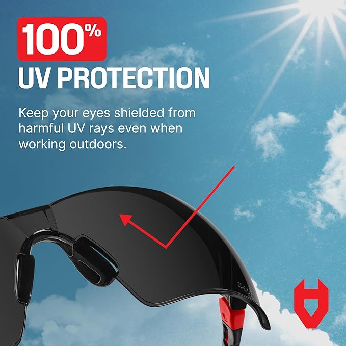 NoCry Work and Sports Safety Sunglasses with Green Tinted Scratch Resistant Wrap-Around Lenses and No-Slip Grips, UV 400 Protection. Adjustable, Black & Red Frames (10 pack)