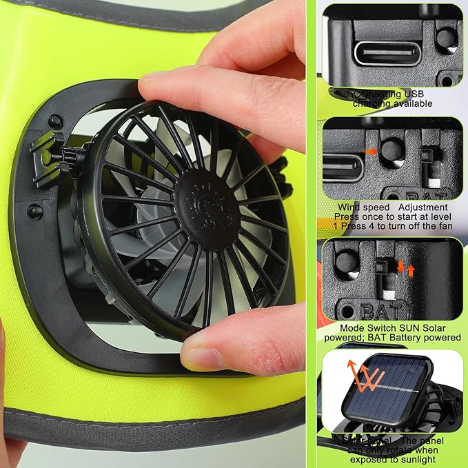 2 Pcs Sun Hat with Fan Solar&USB Powered for Men Women UPF 50+ UV Protection Wide Brim Safety Sun Hat for Out Work