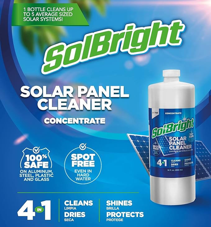 Rotak SolBright 4-in-1 Solar Panel and Window Cleaner Solution For PV Solar Panels and Glass Spot Free Quick Dry Non-toxic Cleans Up to 10 Solar Systems (32 oz)