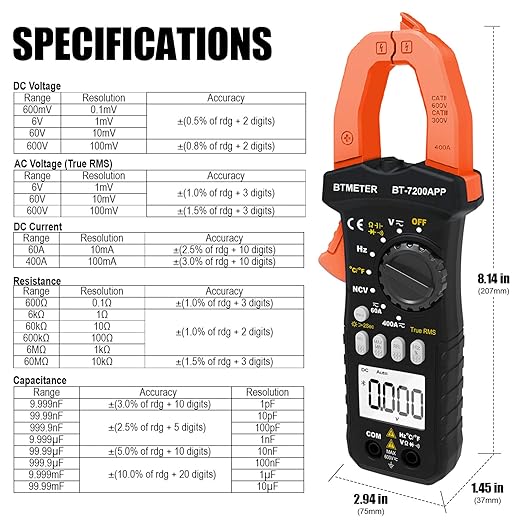 BTMETER BT-7200APP TRMS 6000 Counts Clamp Multimeter, Digital Clamp-on Ammeter for AC/DC Current Voltage Resistance Capacitor Frequency Continuity Temperature NCV Meter
