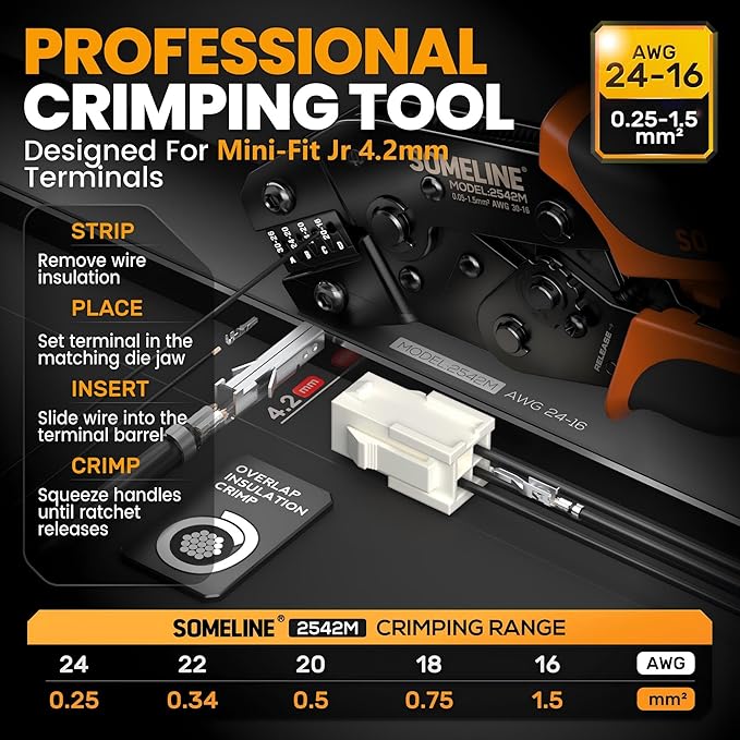 SOMELINE Mini-Fit Jr Connector Crimping Tool Kit, 2-24 Pin 4.2mm Connectors Set, 16-24 AWG Pins, Pin Extractor, Crimper & Stripper, Compatible with Molex, for PC Power, ATX, GPU PCIe, 3D Printer & DIY