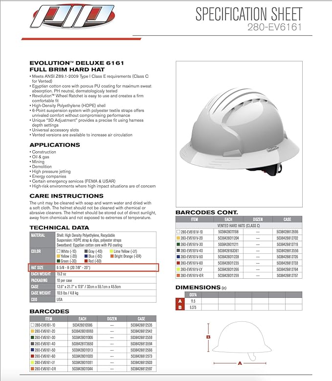 280-EV6161-10V Full Brim Hard Hat with HDPE Shell, 6-Point Polyester Suspension and Wheel Ratchet Adjustment Vented, White