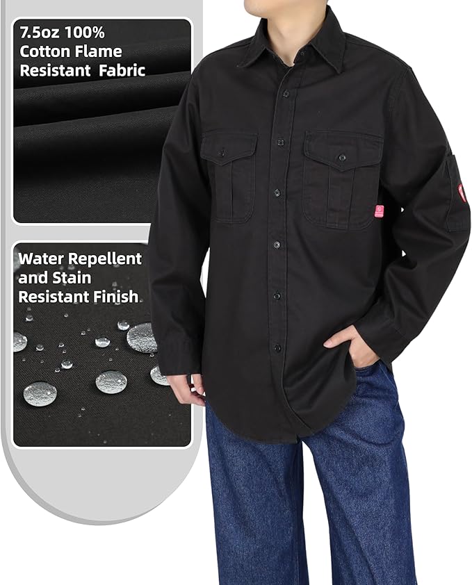 TICOMELA Men’s Mid-Weight FR Welding Shirt, 7.5oz 100% Cotton NFPA 2112 CAT2 – Flame-Resistant Button-Down Work Shirt