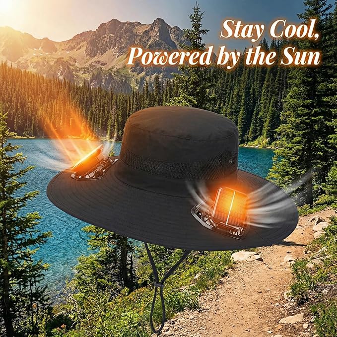 Solar Fan Hat with Dual Fans – Solar Powered Wide Brim Hat with Removable Fans for Outdoor Activities | USB & Solar Charging | Ideal for Fishing, Hiking, Gardening, and Outdoor Sports Black
