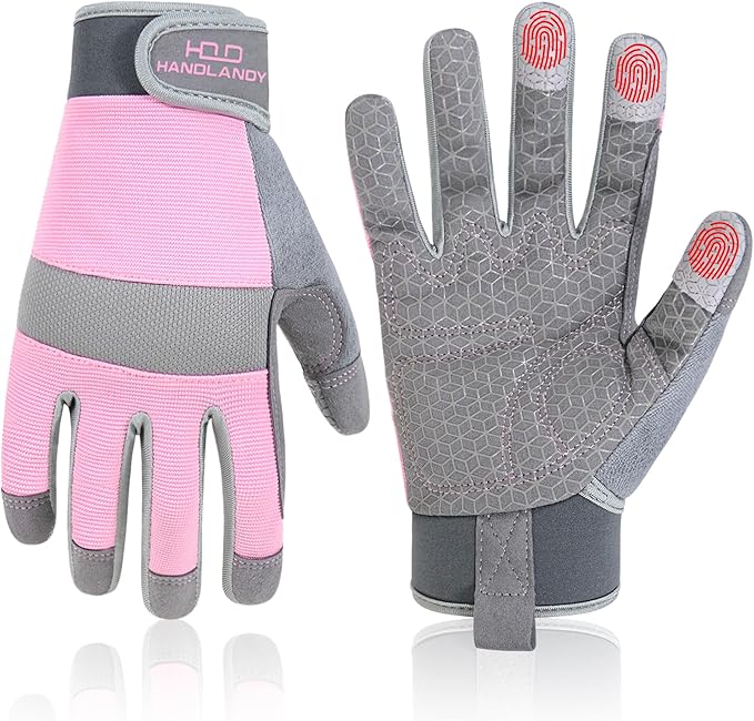 HANDLANDY Work Gloves for Women, Breathable Leather Gardening Glove for Yard Maintenance, Hand Protection with Touch Screen