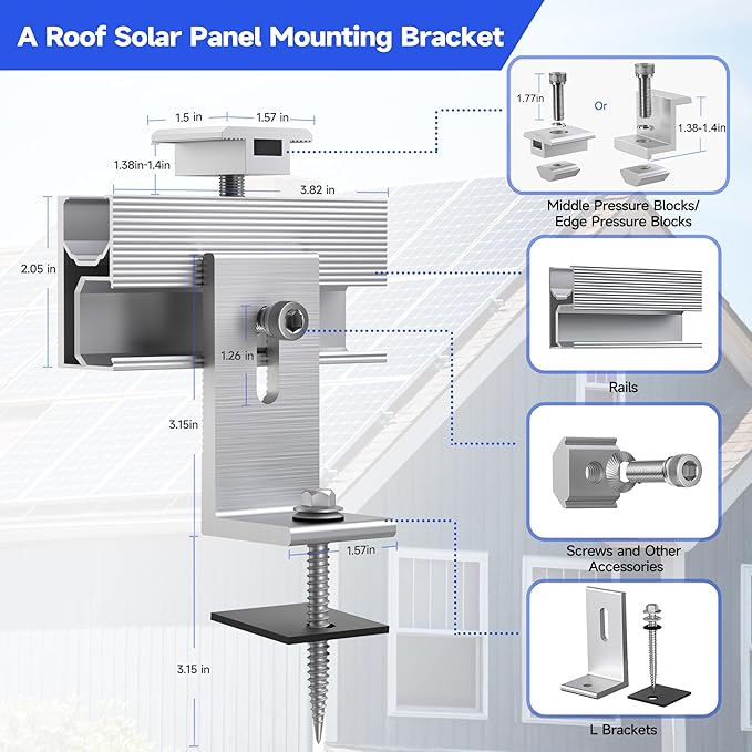 Solar Panel Mounting Brackets Kit 10Pcs Solar Roof Mount Kit for 1-4 Pieces, Aluminum Alloy Mount for Flat Pitched Roof Rack Mounting Brackets