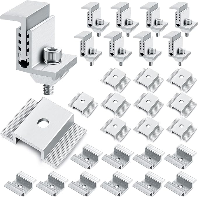 Zhengmy 1.06 Inch Solar Panel Bracket Aluminum Solar Mid Clam with Mounting Brackets 32-50 mm Clamps Adjustable End Panel Clamps(28 Pieces)