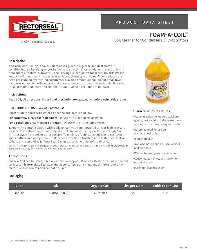 RectorSeal Foam-A-Coil 82632 Coil Cleaner, Superior Penetrating Surfactant- Aided Foam Lifts & Removes Grime and Grease, Indoor & Outdoor use, HVAC, 1 Gallon