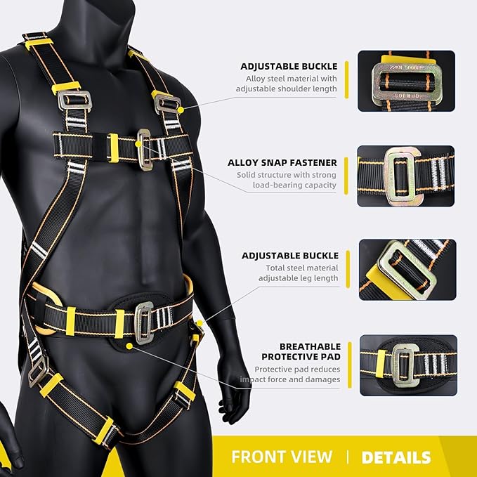Safety Harness Fall Protection Kit,Full Body Roof Harness for Construction,Heavy-Duty Harness with Safety Rope
