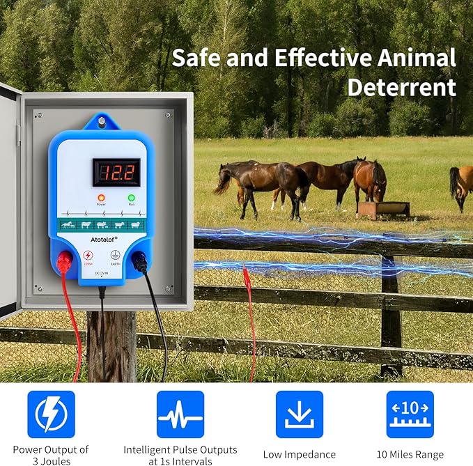 Electric Fence Charger for Livestock - 10 Miles 3 Joule Output Multi Power Electric Fence Controller Livestock Fencing Accessories Kit