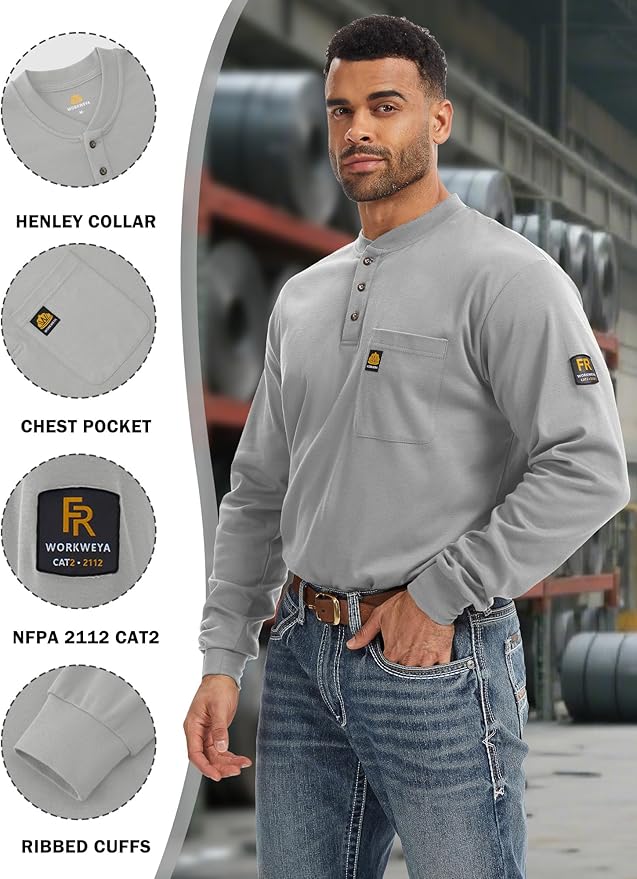 WORKWEYA 6.5oz Flame Resistant Henley Shirt 100% Cotton Lightweight FR Shirts for Men