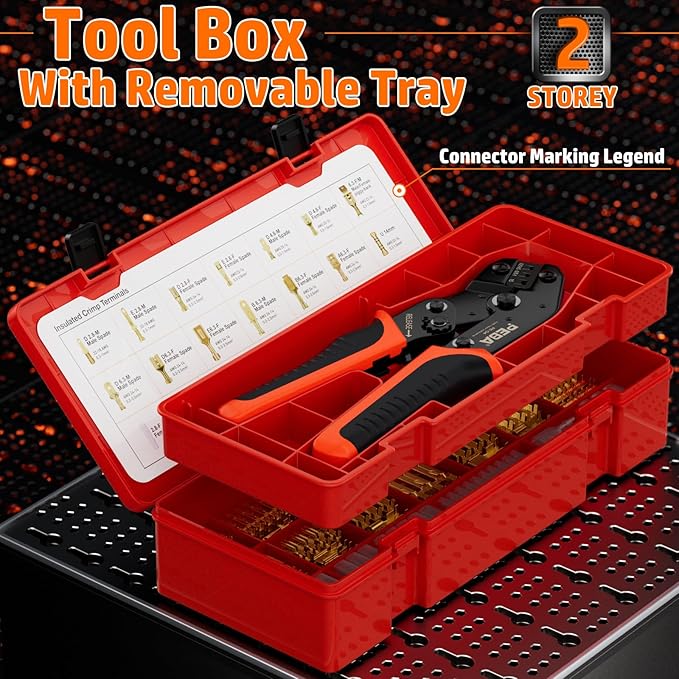 PEBA Open Barrel Crimping Tool Kit - 14 Sizes Quick Splice Male and Female Wire Spade Connectors & Piggy-back with Ratcheting Crimper AWG 24-14, for Electrical Wiring Car Audio Speaker Connectors