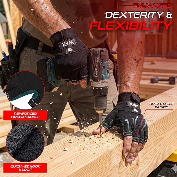 Tough Fingerless Performance Gloves Protection Work Gloves, Padded Palm, Half-Finger Non-Slip Working Men Women
