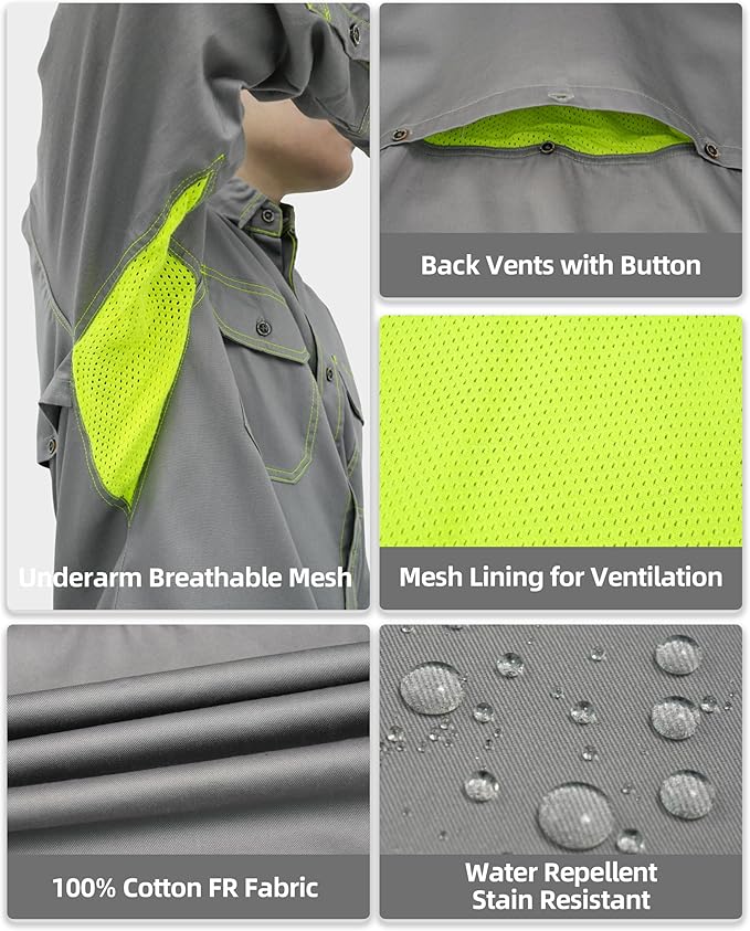 BOCOMAL FR Shirt for Summer Lightweight Vented Mesh Back and Underarm Breathable Flame Resistant Welding Button Down Shirts