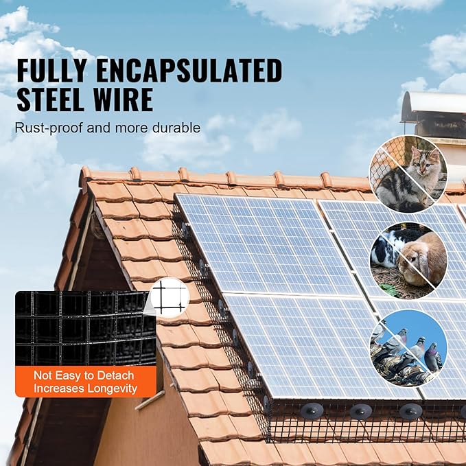 VEVOR 8inch x 98ft Critter Guard for Solar Panels, PVC Coated Wire Mesh Roll Kit with 50pcs Ties for Pigeon Deterrent, Bird, Squirrel Proof, Black