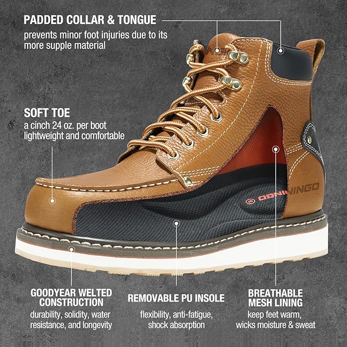 HISEA NINGO Work Boots for Men Steel/Soft Toe Boots,6” Water Resistant Slip Resistant Industrial & Construction Work Shoes, Composite Toe Working Boot