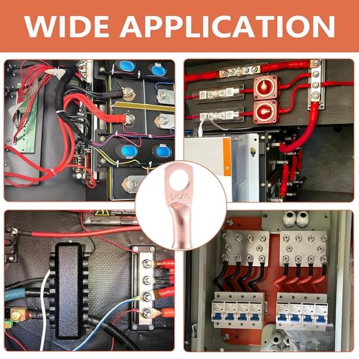 8 AWG Pure Copper Ring Terminal Kit (62 Pcs) - 30 Battery Lugs (1/4", 5/16", 3/8", 1/2") with 32 Heat Shrink Tubes for 8 Gauge Wire in Automotive, Solar, Inverter, Marine, RV Applications