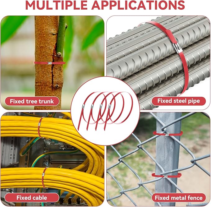 Red Metal Zip Ties Heavy Duty 11.8 inch for Outdoor Use, Stainless Steel Epoxy Coated Cable Chain Link Fence Zip Ties, Durable Metal Wire Ties Strap UV Resistant