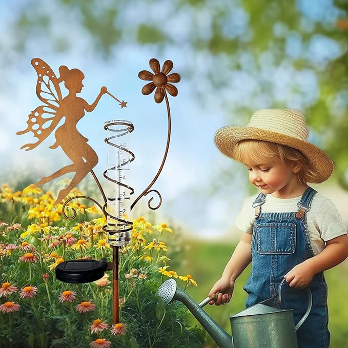 HONGLAND Rain Gauge Outdoor with Solar Lights - Metal Fairy Stakes & Replaceable Glass Tube - Garden Rain Gauge Decorations for Patio, Balcony, Yard, Lawn - Unique Holiday Gift Ideas