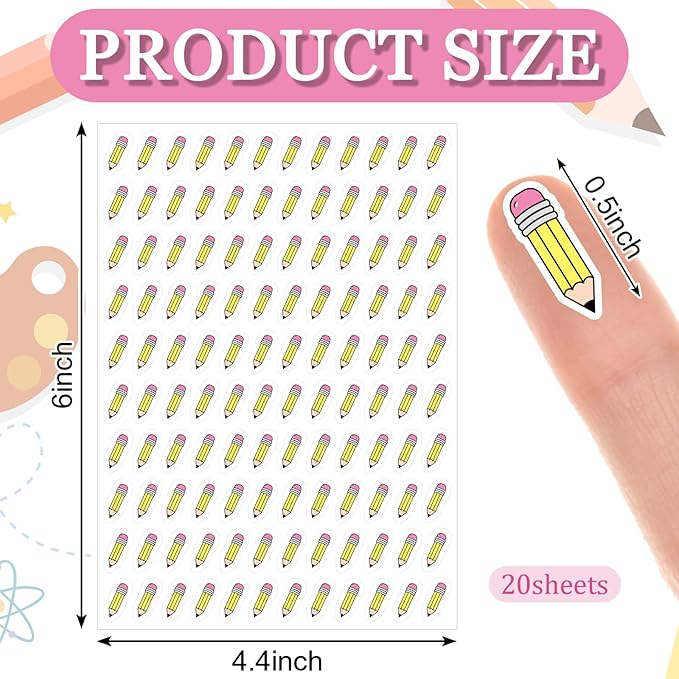 JarThenaAMCS 2400Pcs Mini Pencil Sticker Back to School Paper Decal Yellow Self-Adhesive Sticker for First Day of School Classroom Planner Reward Envelope Scrapbook DIY Supplies, 0.5 in