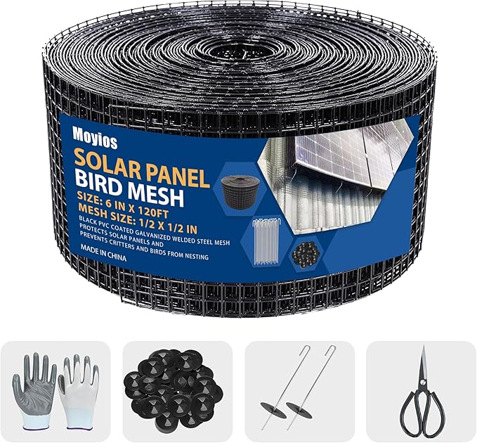 6in x 120ft Solar Panel Bird Mesh Black PVC Coated Steel Solar Panel Bird Guard Proofing| 80 Fastener Clips Prevents Birds, Pigeons, and Critter Guard from Getting Under The Solar Panels