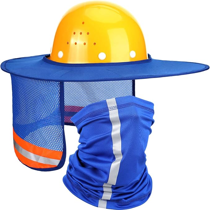 SATINIOR 2 Pcs Sun Hard Hat Neck Protection High Visibility Full Brim Mesh Sun Protection and Neck Gaiter Bandana Face Scarf for Construction Helmet Hard Hat Accessories, Reflective(Blue)